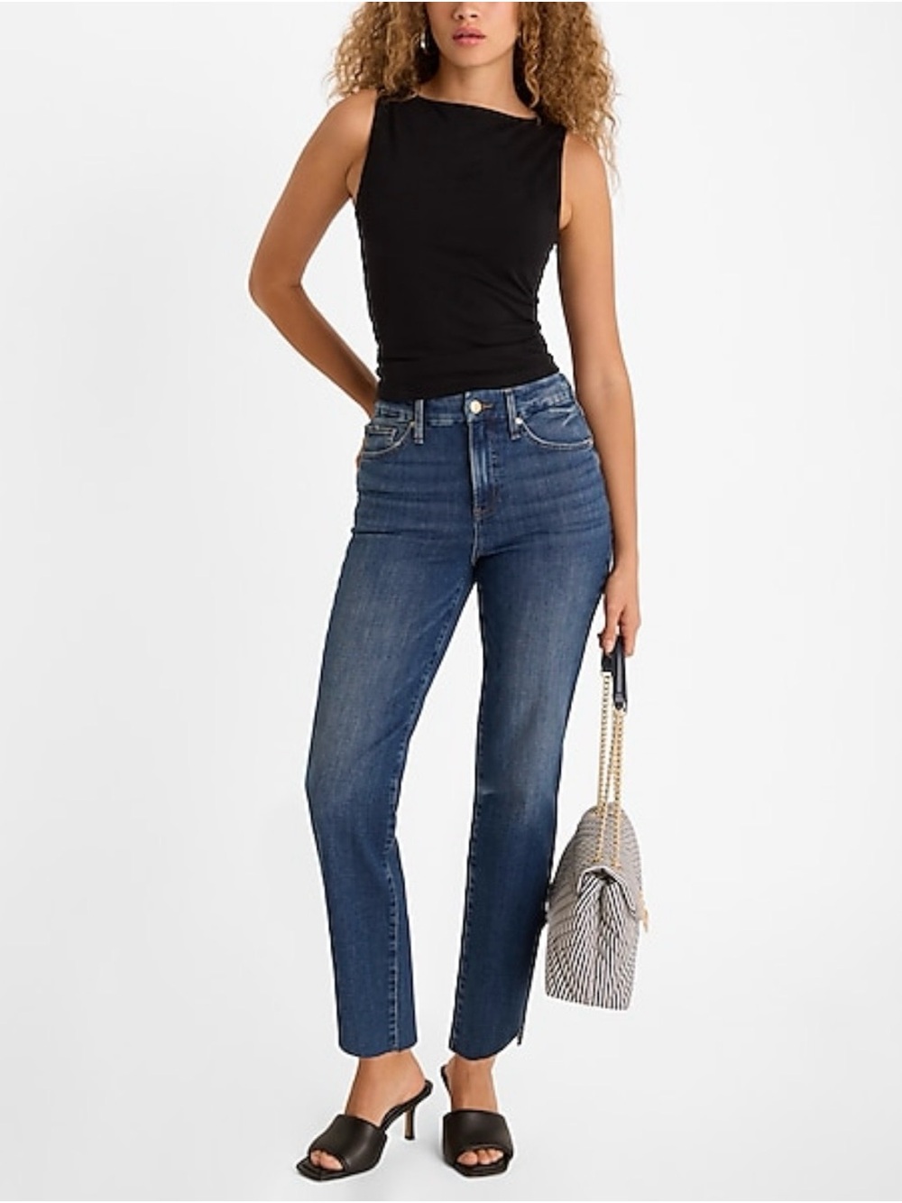 Express High Waisted Dark Wash FlexX Raw Hem Straight Ankle - L Short